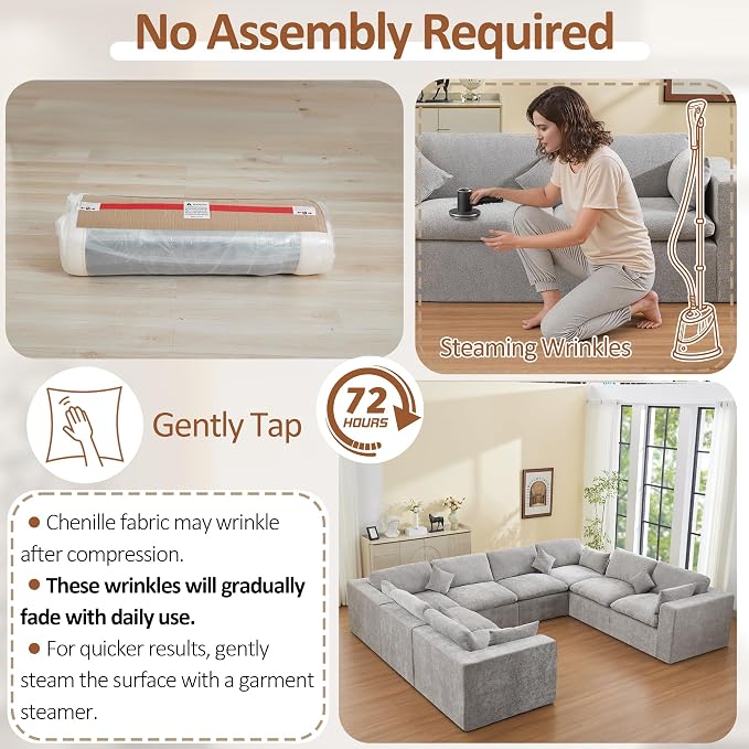 146''Cloud Boneless Sectional Couch, Modular Sectional Sofa Deep Seat, Oversized Upholstered Convertible Comfy 8 Seater Chenille Memory Foam Sofa U Shape Couches for Living Room, Light Grey
