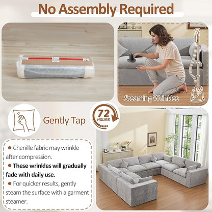 146''Cloud Boneless Sectional Couch, Modular Sectional Sofa Deep Seat, Oversized Upholstered Convertible Comfy 8 Seater Chenille Memory Foam Sofa U Shape Couches for Living Room, Light Grey