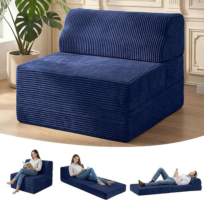 Kasunpul Folding Sofa Bed with Pillow, Memory Foam Fold Out Chair Bed, Convertible Sleeper Chair with Washable Cover, Futon Floor Couch for Living Room/Dorm/Guest Use/Home Office/Apartment, Navy Blue