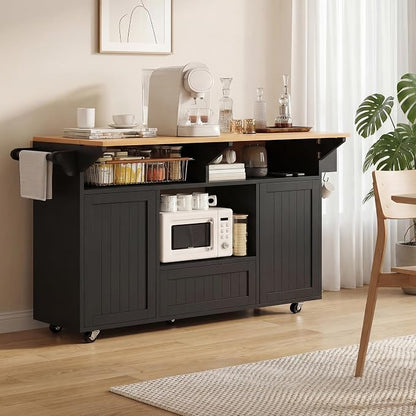 Einhomn 65" Kitchen Island with Power Outlet & Drop Leaf, Island Table for Kitchen with Trash Can Storage, Mobile Rolling Kitchen Islands on Wheels with Spice Rack, Towel Rack & 4 Side Hooks, Black