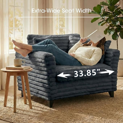 ERYE 46.9" Corduroy Upholstered Accent Chair Wide Seat Armchair for Living Room Bedroom, Modern Cloud Cushion Armchair W/ 2 Pillows and Wooden Legs for Home Apartment Office