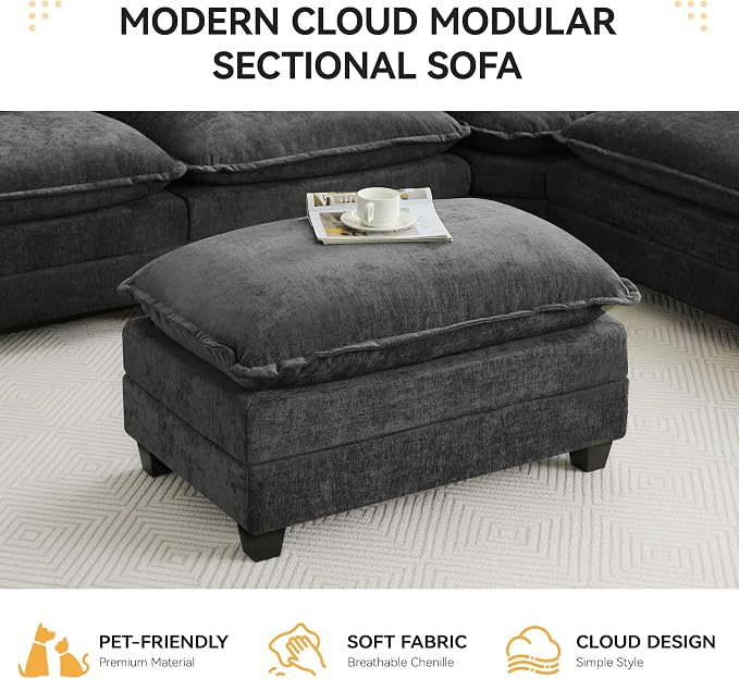 35‘’ Modern Chenille Cloud Sofa Ottoman,Rectangle Ottoman for Modular Sectional Sofa, Dark Grey