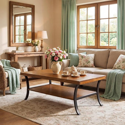 Solid Wood Coffee Table, 2-Tier Farmhouse Wood Coffee Table with Storage Shelf and Curved Metal Legs, 47" Center Table Industrial Rustic Living Room Tea Table