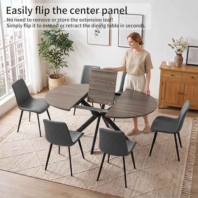 HIPIHOM 43.2" to 59.1" Extendable Round Dining Table Set for 6 Persons | Mid century modern oak, MDF board, scratch resistant & easy clean, space saving, fits 4-6 person