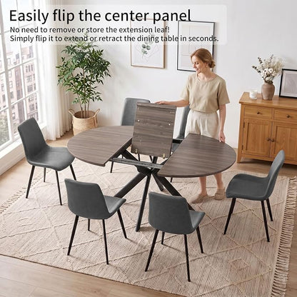 HIPIHOM 43.2"-59.1" Round Dining Kitchen Table with 4 PU Leather Chairs | Mid century modern oak MDF board, scratch resistant & easy clean, space saving, fits 4-6 person