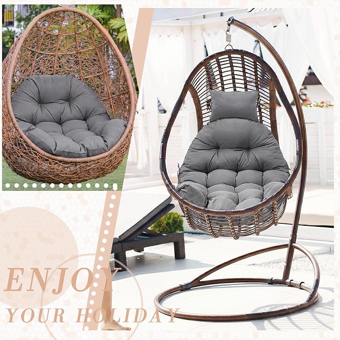 Tudomro Waterproof Egg Chair Cushion with Pillow Filling 2.58 kg Replacement Rocking Wicker Chair Cushion 48" x 32" High Back Hanging Swing Hammock Pad Thicken for Outdoor Patio Garden (Dark Gray)