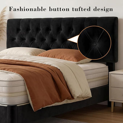 Queen Size Bed Frame with Headboard, Luxury Velvet Fabric Upholstered Bed frame with Button Tufted Design, Strong Wooden Slats Support - Low & Sturdy, Noise-Free, No Box Spring, Easy Assembly, Black | Plush velvet