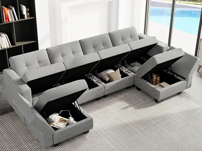 Belffin Modular U Shaped Sectional Sofa Couch with Reversible Chaises 6-seat Sectional Couch with Storage Seat Modular Sectional Set with Ottomans Light Grey
