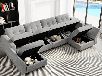 Belffin Modular U Shaped Sectional Sofa Couch with Reversible Chaises 6-seat Sectional Couch with Storage Seat Modular Sectional Set with Ottomans Light Grey