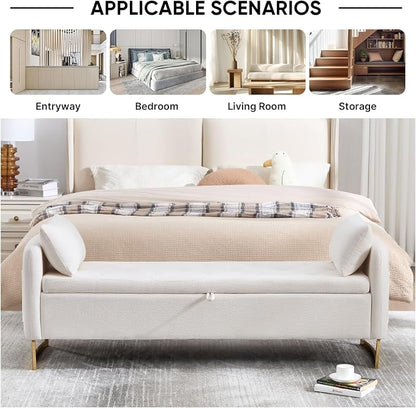65" Storage Ottoman Bench, Storage Bench for Bedroom, End of Bed Storage Bench with Tufted Upholstered and Gold Legs, Bedroom Benches with Arms Window and Entryway, Chenille Cream