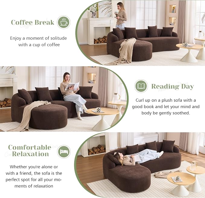99" Curved Sofa with L-Shape Chaise,Modern Cloud Curved Couch with Deep Seat,No Assembly Required,Upholstered Oversized Couches for Living Room,Apartment (Brown, 99Inch)