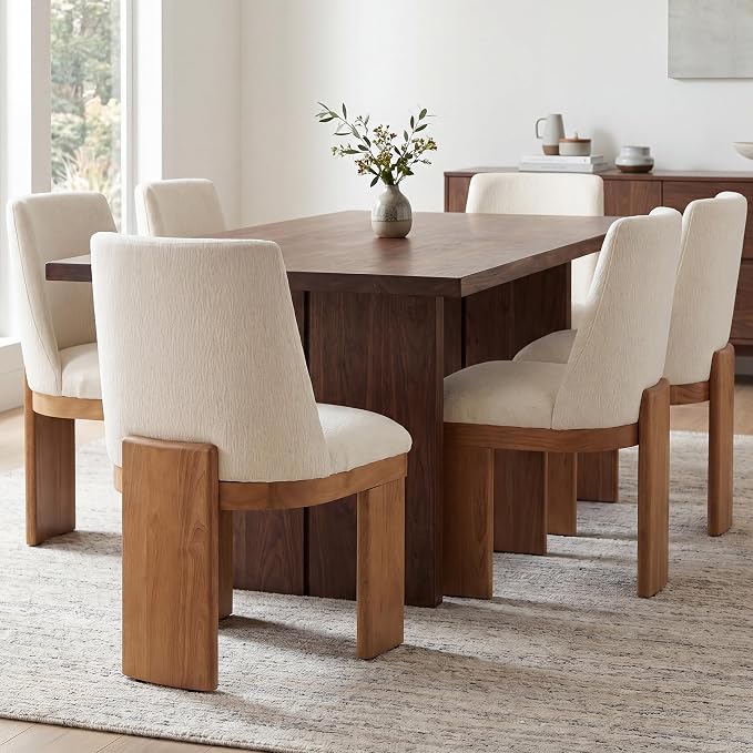RIVOVA Upholstered Dining Chairs Set of 6, Modern Wooden Dining Room Chair Linen Fabric Kitchen Chairs Farmhouse Dinner Chair, White