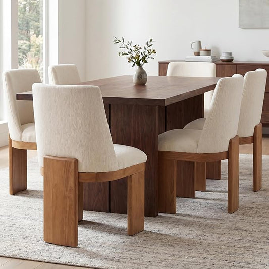 RIVOVA Upholstered Dining Chairs Set of 6, Modern Wooden Dining Room Chair Linen Fabric Kitchen Chairs Farmhouse Dinner Chair, White