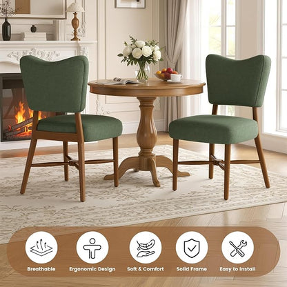 Farmhouse Dining Chairs Set of 2, Linen Seat, Wood Legs, Green | Mid Century Modern, Upholstered Padded Cushion, Solid Wood Cross-Brace, Easy 15-Min Assembly, Kitchen Dining Room