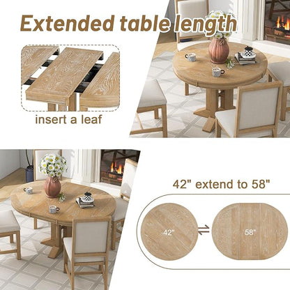 LUMISOL 42"-58" Extendable Round Dining Table for 4-6, Farmhouse Oval Kitchen Table with Removable Leaf for Kitchen, Dining Table, Small Space, Natural
