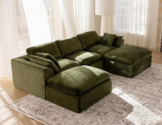 115" Modular Sectional Sofa – Modern Cloud Couch with Deep Chenille Seats, U-Shaped Boneless Sofa, Pet-Friendly, No Assembly, Olive Green (3 Seater + 2 Ottoman)