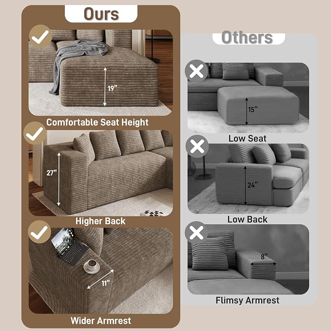 Oversized L Shaped Boneless Sectional Couches for Living Room, 107" Comfy Fluffy Cloud Modular Sectional Sofa, Plush Corduroy Memory Foam Floor Sofa with Right Facing Chaise Couch