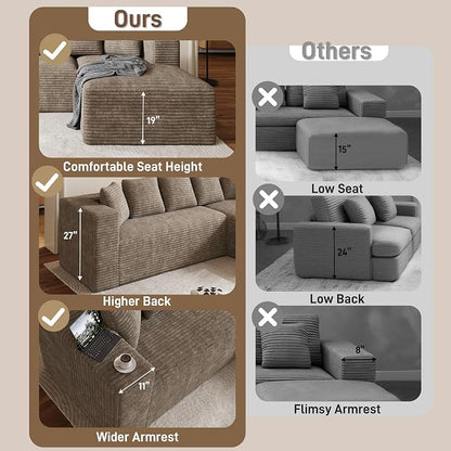 Oversized L Shaped Boneless Sectional Couches for Living Room, 107" Comfy Fluffy Cloud Modular Sectional Sofa, Plush Corduroy Memory Foam Floor Sofa with Right Facing Chaise Couch