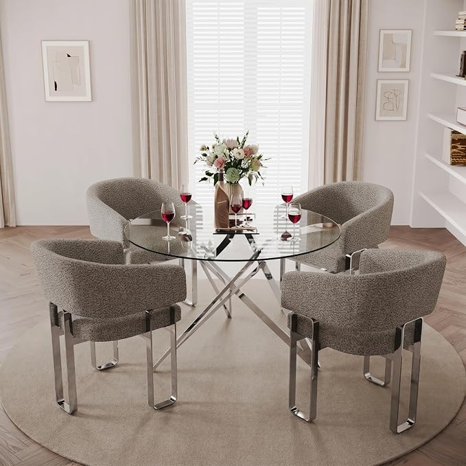 Dining Chairs Set of 2, Boucle Upholstered Dining Room Chairs, Grey Barrel Armchair with Curved Backrest and Polished Silver U-Shaped Legs（Only Chair）