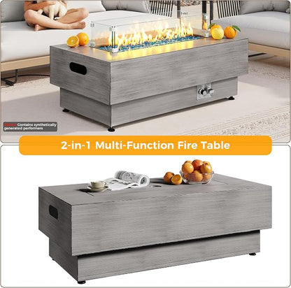 IRONCK 43-inch Outdoor Propane Fire Pit Table w Tank Table, CSA Certified, 2 in 1 Rectangular Patio Fire Pit w Glass Rocks, Wind Guard and Cover, 50000 BTU Outside Heater for Pool, Vintage Gray