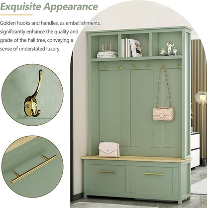 Merax Versatile 4-in-1 Hall Tree with 6 Golden Hooks, Wood Grain Bench with Multiple Storage Space, Entryway Coat Rack with 2 Drawers for Living Room, Hallway, Mint Green