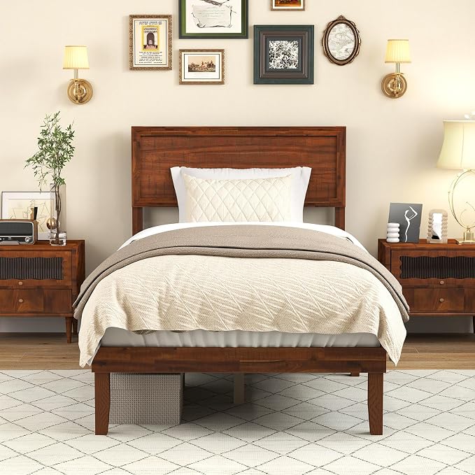 KOMFOTT Twin Size Wood Bed Frame with Headboard, Solid Acacia Wood Platform Bed Frame, Wooden Slats Supported Bed Base with Under-Bed Storage Space, No Box Spring Needed Mattress Foundation