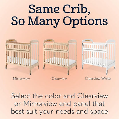 Foundations Serenity SafeReach Clearview Crib, White, Adjustable Mattress Board, Compact Wooden Baby Crib, Clear End Panels for Child Visibility, Includes 3” Foam Mattress