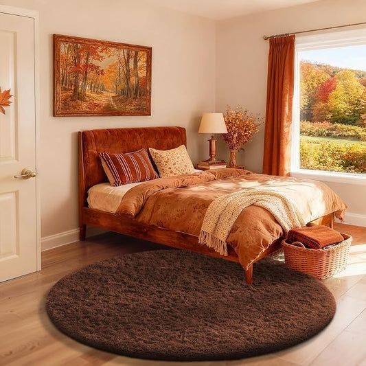 Ophanie Round Rug 4Ft Brown Circle Area Rug, Fluffy Fuzzy Small Bedroom Carpet, Plush Soft Shaggy Floor Living Room Circular Christmas Decor for Kids Boys Girls Home Aesthetic, Nursery, Classroom