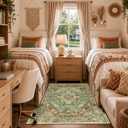 RELEANY Area Rugs 3'x5' Washable Non-Slip, Floral Vintage Distress Medallion Carpet for Living Room Bedroom Dining Room, Terracotta Burnt Orange Green