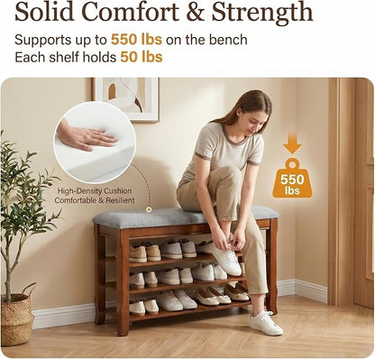 Solid Wood Shoe Bench with Storage, Flip-Top Soft-Close Lid, Adjustable Shelves, Cushioned Entryway Shoe Rack Organizer, 31.5”