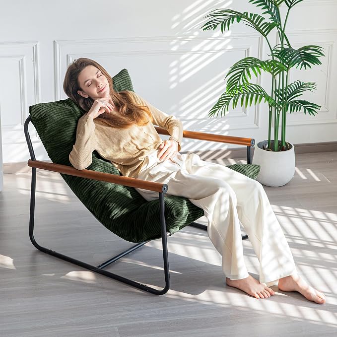 MAXYOYO Modern Accent Chair, Comfy Living Room Chair with Metal Frame Wooden Armrest, Upholstered Armchair with Soft Cushion for Bedroom Balcony Lounge Reading Room, Dark Green