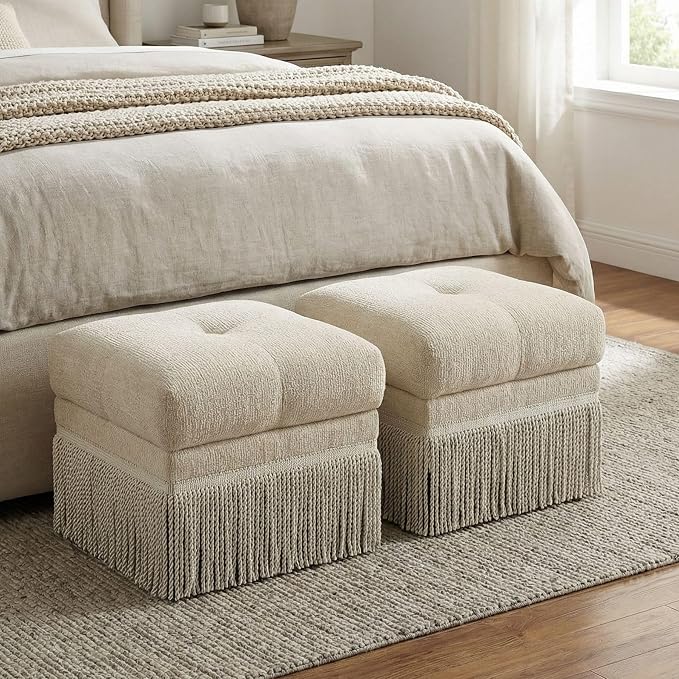 Hyfirm 22 Inch Square Beige Ottoman with Fringe for Living Room, Plush Modern Boho Upholstered Accent Pouf Ottomans Foot Rest for Bedroom, Footstool Ottoman End of Bed