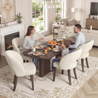 Dining Chairs Set of 6, Mid Century Modern Dining Chairs with Solid Wood Legs, Curved Back Kitchen Chair Farmhouse Side Upholstered Chairs for Kitchen Dining Room, White