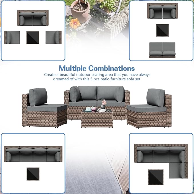 5 Piece Outdoor Patio Furniture Set,Brown PE Rattan Wicker Sectional Sofa, All Weather Conversation Set with Washable Cushions & Glass Coffee Table for Backyard Poolside Garden Porch,Gray