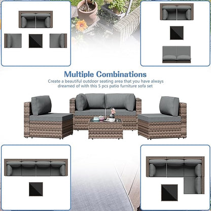 5 Piece Outdoor Patio Furniture Set,Brown PE Rattan Wicker Sectional Sofa, All Weather Conversation Set with Washable Cushions & Glass Coffee Table for Backyard Poolside Garden Porch,Gray