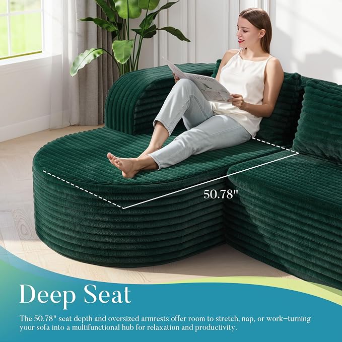 Hobestluk Modular Sectional Sofa Couches L-Shape Couch 3 Seat Modular Sofa Memory Foam Sectional Couches for Living Room, Cloud Couch (Round Green, 96", Left Hand Facing)