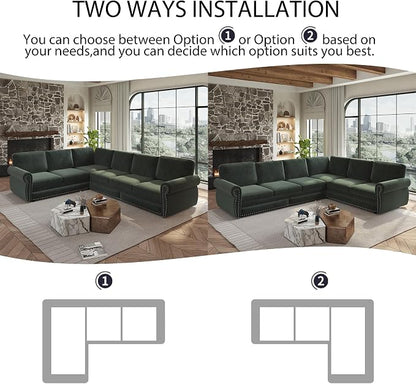 118" L-Shaped Sleeper Couch Bed - Oversize Convertible with Pull-Out Sofa Bed, Button Tufted Chesterfield Sofa, Chenille Sectional Vintage Couches for Living Room/Apartment(6-Seater, Green) | Oversize Convertible