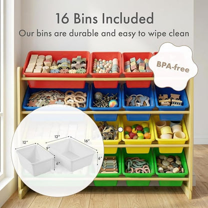 Humble Crew Toy Storage Organizer with 16 Removable Storage Bins for Kids Playroom, 4-Tier Toddler Toy Organization, Natural Wood/Primary