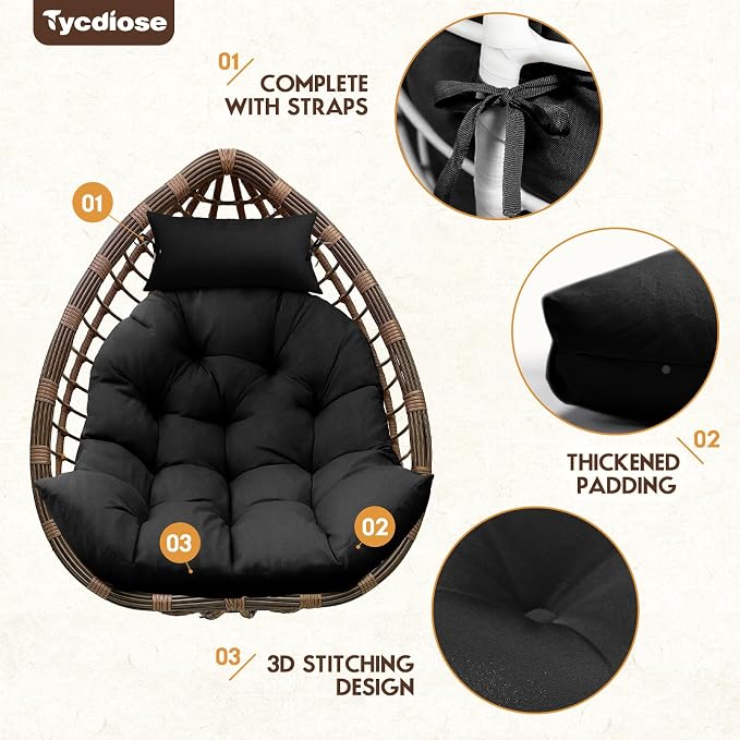 Outdoor Hanging Egg Chair Cushion Replacement, Thicken Egg Chair Cushion Waterproof Basket Eggs Chairs Cushion with Headrest Pillow, U-Shaped Cushions for Hanging Eggs Chairs Swing (Black)