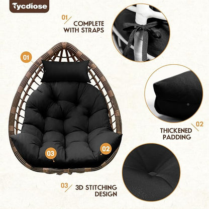 Outdoor Hanging Egg Chair Cushion Replacement, Thicken Egg Chair Cushion Waterproof Basket Eggs Chairs Cushion with Headrest Pillow, U-Shaped Cushions for Hanging Eggs Chairs Swing (Black)