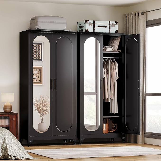 UNICOLY Metal Wardrobe Cabinet with Mirror Doors，71" Tall Armoire Wardrobe Closet with Hanging Rod and Adjustable Shelves，Black Clothing Storage Cabinets for Bedroom, Living Room,Office