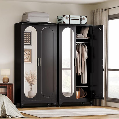 UNICOLY Metal Wardrobe Cabinet with Mirror Doors，71" Tall Armoire Wardrobe Closet with Hanging Rod and Adjustable Shelves，Black Clothing Storage Cabinets for Bedroom, Living Room,Office
