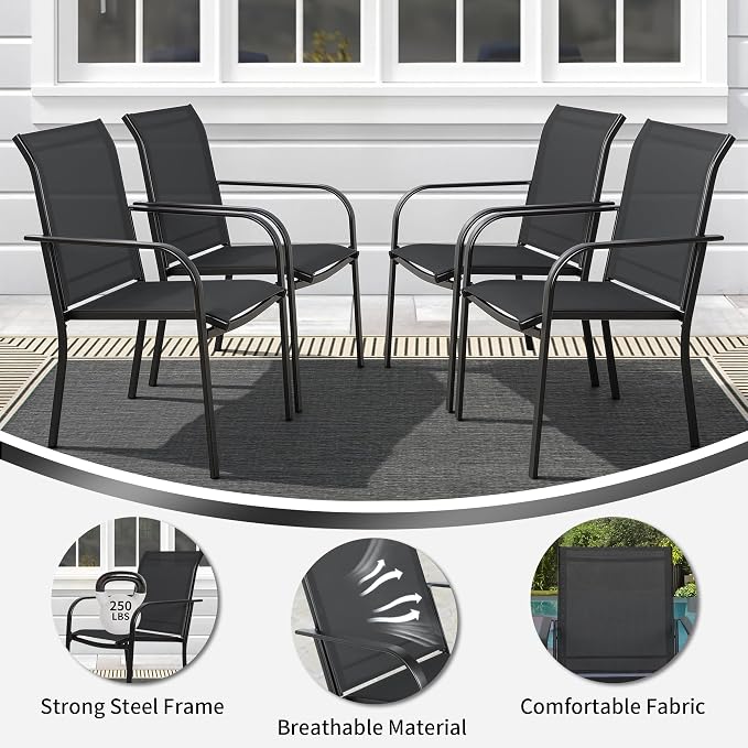 SUNCROWN 7 - Piece Outdoor Dining Set, Patio Furniture Set with 6 x Textilene Dinning Chairs and 1 Steel Slat Metal Bistro Table for Lawn Garden Backyard Deck, Black