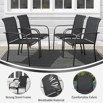 SUNCROWN 6 - Piece Outdoor Dining Set, Patio Furniture Set with 4 Textilene Dinning Chairs, 1 Steel Slat Metal Bistro Table and 1 Sky Blue 9Ft Patio Umbrella for Lawn Garden Backyard Deck, Black