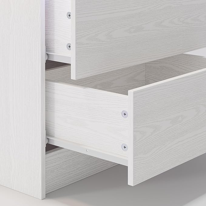 LIKIMIO Nightstand with Charging Station LED Light and 2 Drawers White | bedside table; end table; charging station; LED light; 2 drawers; White wood grain; small spaces
