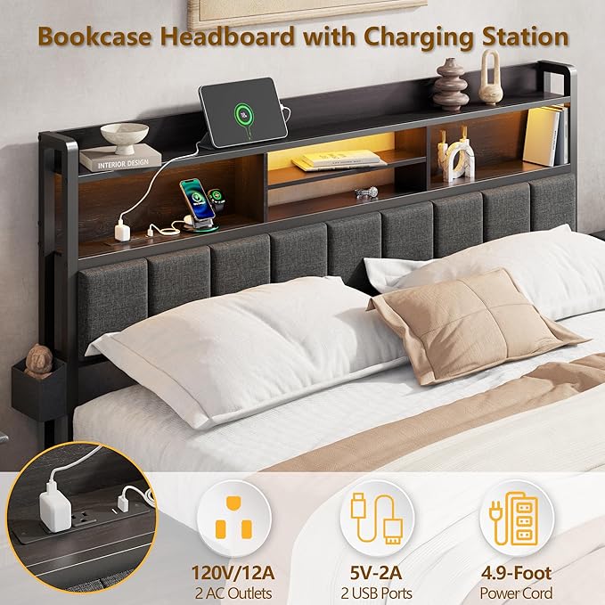 Furnulem Full Size Bed Frame with Upholstered Headboard, Bed Frame Full with Storage Drawers, Charging Station & LED Lights, Metal Platform No Box Spring Needed, Noise Free, Black (1200 lbs Capacity)