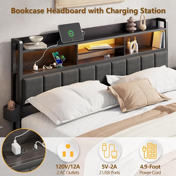 Furnulem Queen Bed Frame with Storage Drawers, Upholstered Headboard with LED Light & Charging Station, Metal Platform Bed Frame Queen Size, Noise Free, No Box Spring Needed, Black (1200 lbs Capacity)
