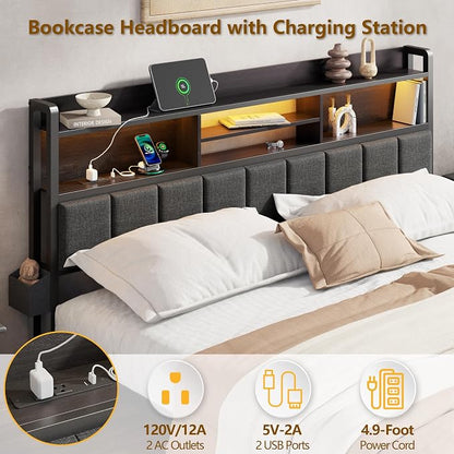Furnulem Queen Bed Frame with Storage Drawers, Upholstered Headboard with LED Light & Charging Station, Metal Platform Bed Frame Queen Size, Noise Free, No Box Spring Needed, Black (1200 lbs Capacity)