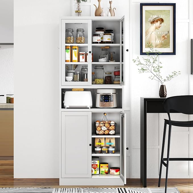 Kitchen Pantry Cabinet, 72" H Storage Cabinet with Glass Doors and Adjustable Shelves, Spacious Cupboard with 2 Handles, Metal Kitchen Cabinet for Dining Room, Living Room, White