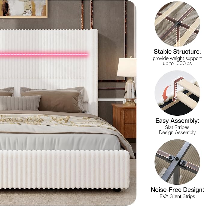 Jocisland King Size Corduroy Upholstered Bed Frame with 4 Storage Drawers & 51.2" Tall Wingback Headboard, LED Platform Bed with Charging Station, Easy Assembly, No Box Spring Needed, White